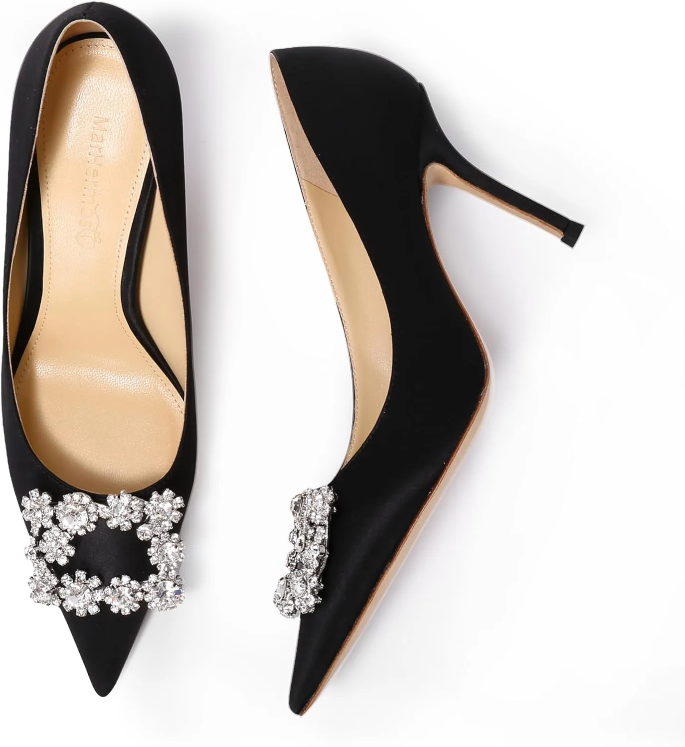 Women's Pumps Slip on Shoes Sexy Closed Toe Wedding Shoes for Bride Stiletto Rhinestone Heels Genuine Leather for Sock Liner and Sole