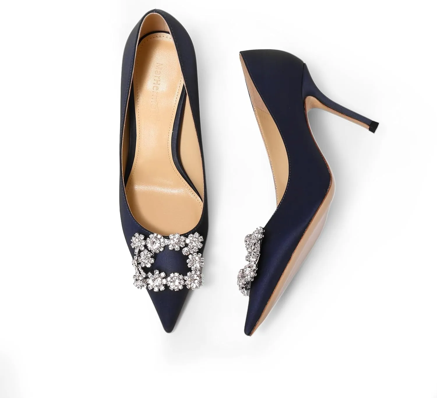 Women's Pumps Slip on Shoes Sexy Closed Toe Wedding Shoes for Bride Stiletto Rhinestone Heels Genuine Leather for Sock Liner and Sole