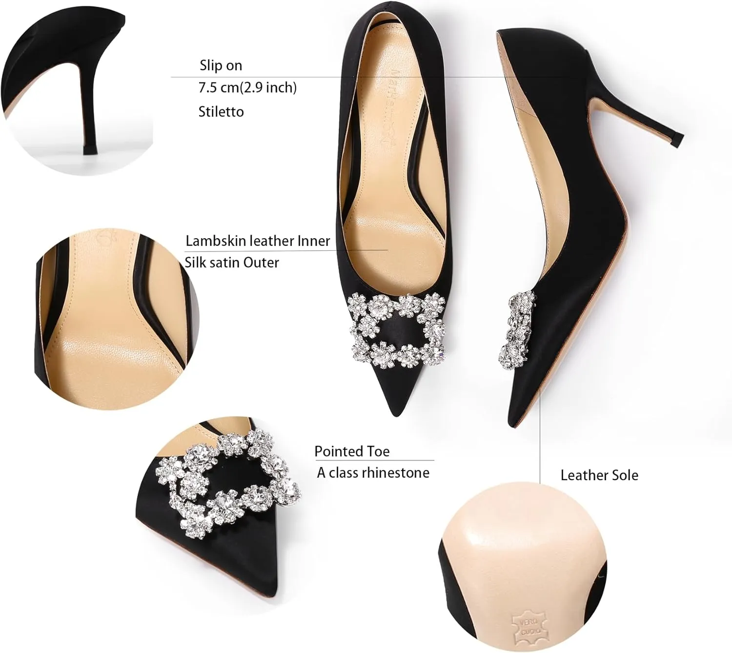 Women's Pumps Slip on Shoes Sexy Closed Toe Wedding Shoes for Bride Stiletto Rhinestone Heels Genuine Leather for Sock Liner and Sole
