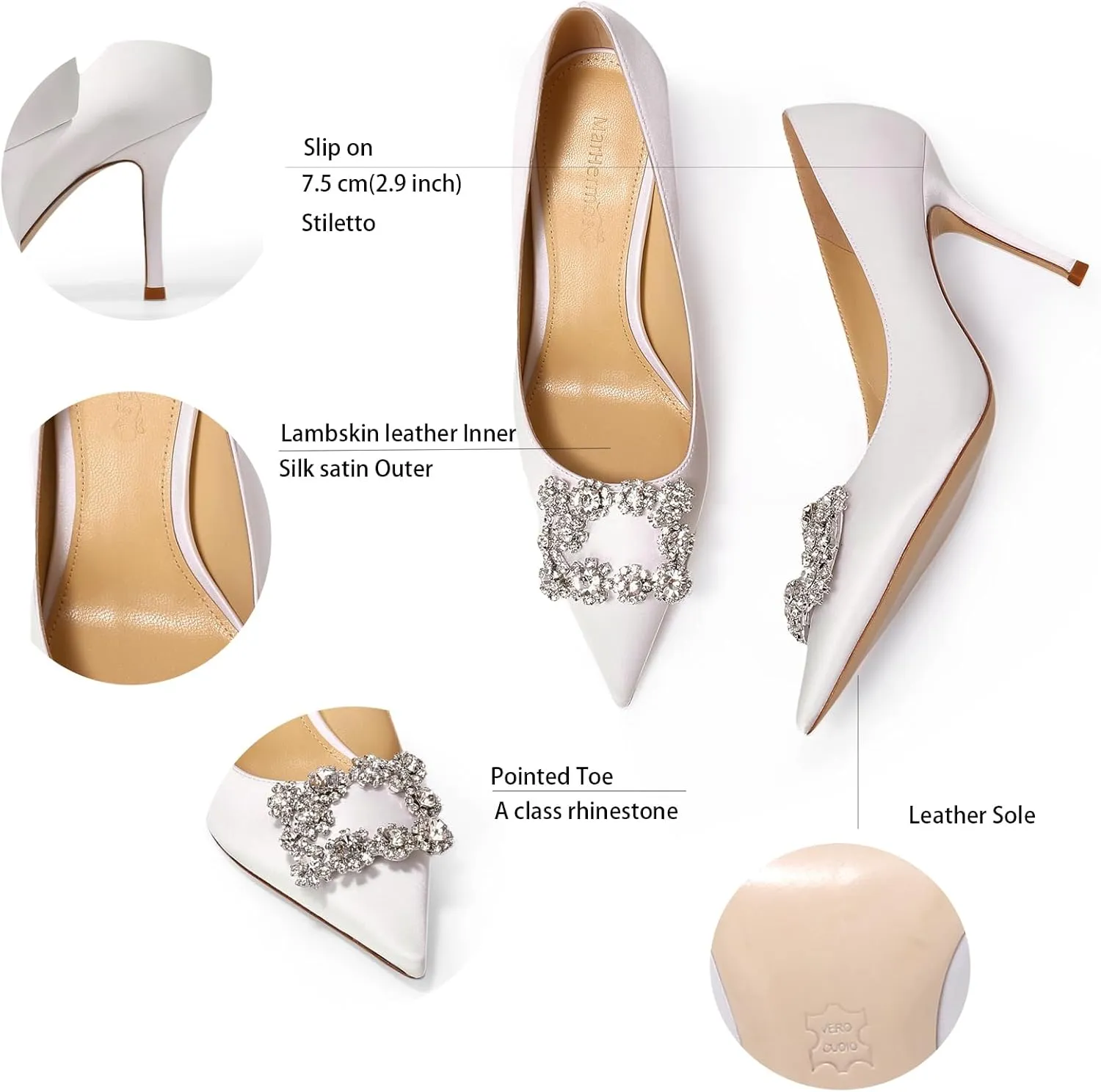 Women's Pumps Slip on Shoes Sexy Closed Toe Wedding Shoes for Bride Stiletto Rhinestone Heels Genuine Leather for Sock Liner and Sole