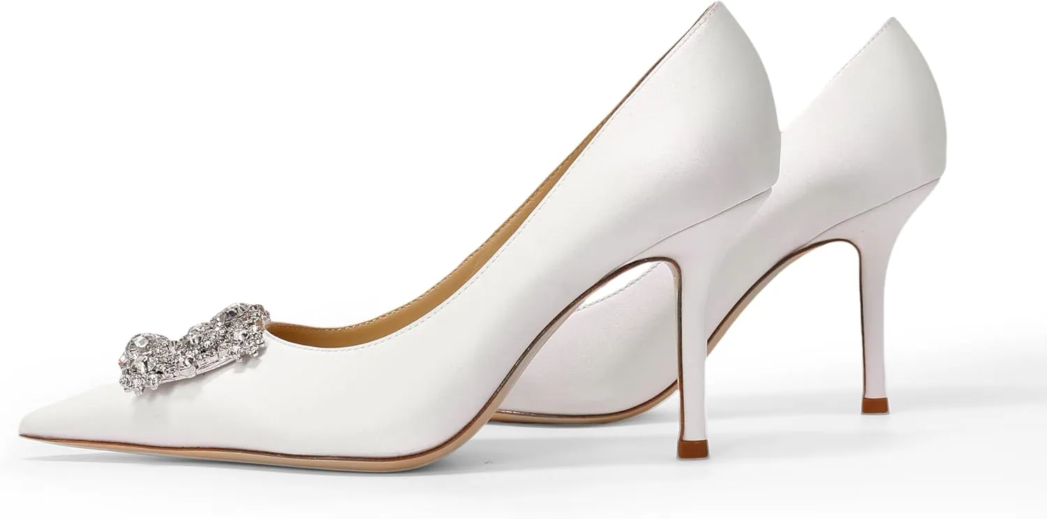 Women's Pumps Slip on Shoes Sexy Closed Toe Wedding Shoes for Bride Stiletto Rhinestone Heels Genuine Leather for Sock Liner and Sole