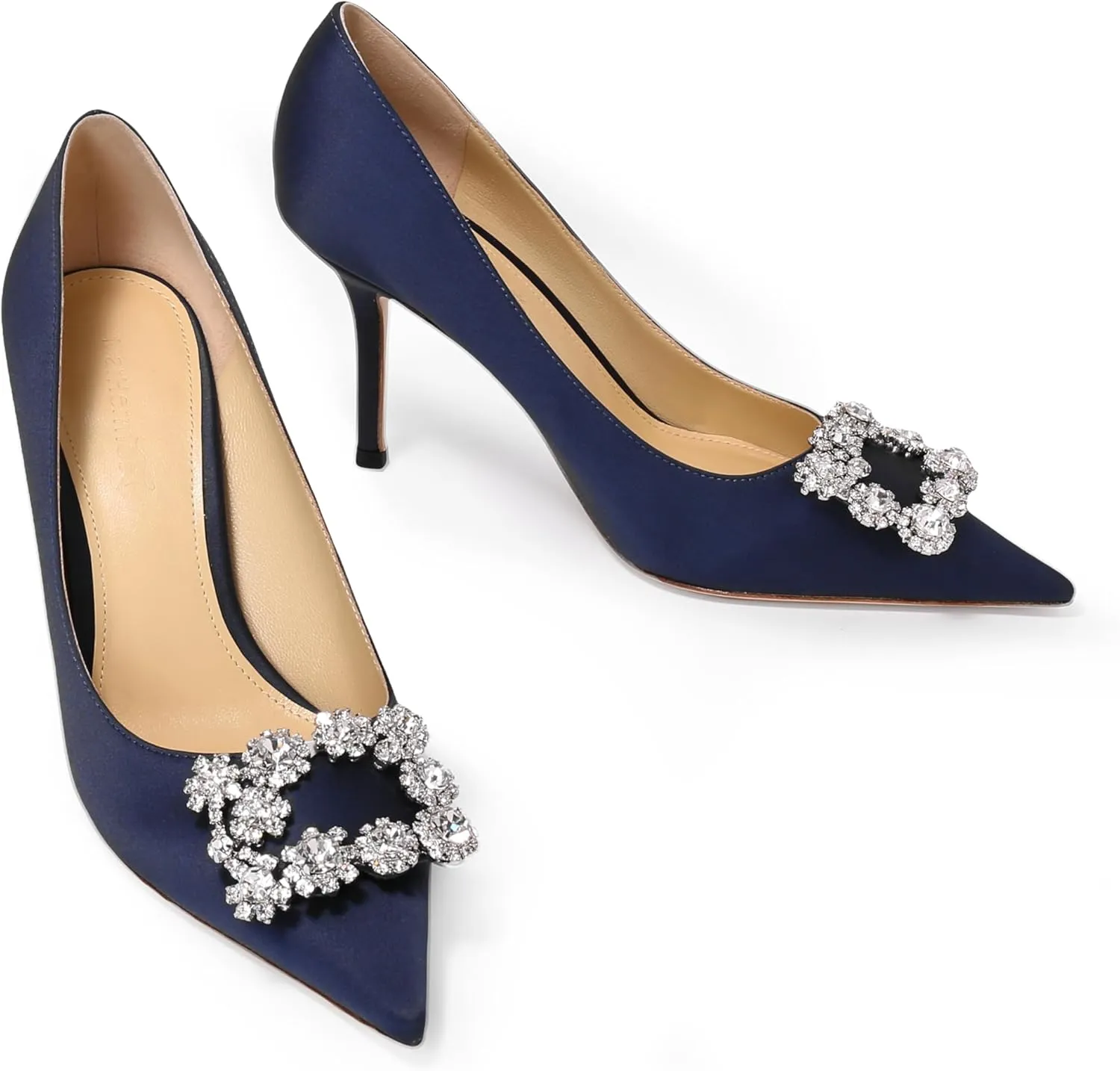 Women's Pumps Slip on Shoes Sexy Closed Toe Wedding Shoes for Bride Stiletto Rhinestone Heels Genuine Leather for Sock Liner and Sole
