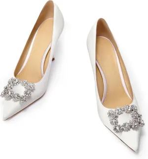 Women's Pumps Slip on Shoes Sexy Closed Toe Wedding Shoes for Bride Stiletto Rhinestone Heels Genuine Leather for Sock Liner and Sole
