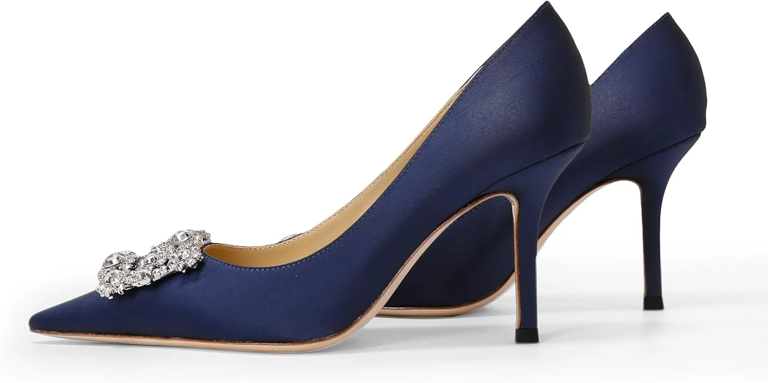 Women's Pumps Slip on Shoes Sexy Closed Toe Wedding Shoes for Bride Stiletto Rhinestone Heels Genuine Leather for Sock Liner and Sole