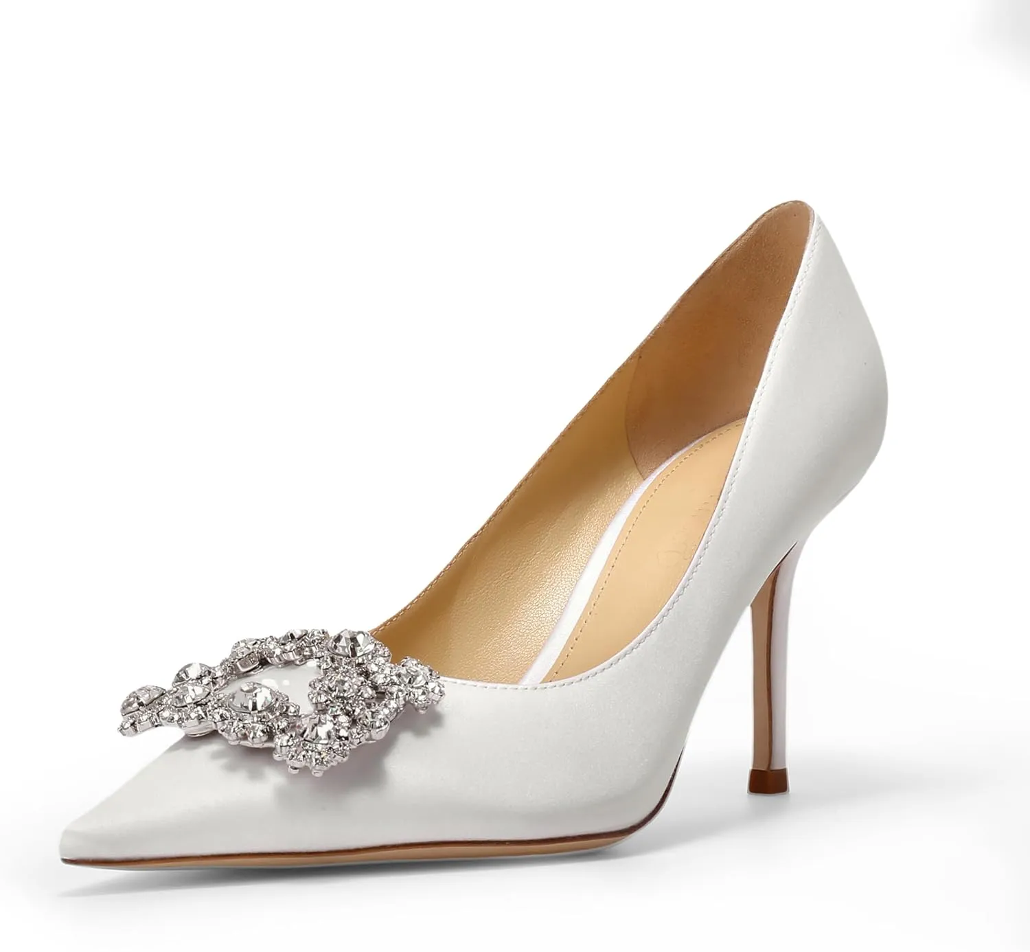 Women's Pumps Slip on Shoes Sexy Closed Toe Wedding Shoes for Bride Stiletto Rhinestone Heels Genuine Leather for Sock Liner and Sole