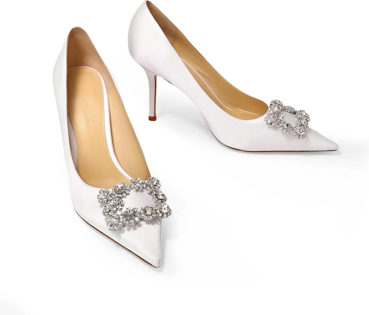 Women's Pumps Slip on Shoes Sexy Closed Toe Wedding Shoes for Bride Stiletto Rhinestone Heels Genuine Leather for Sock Liner and Sole