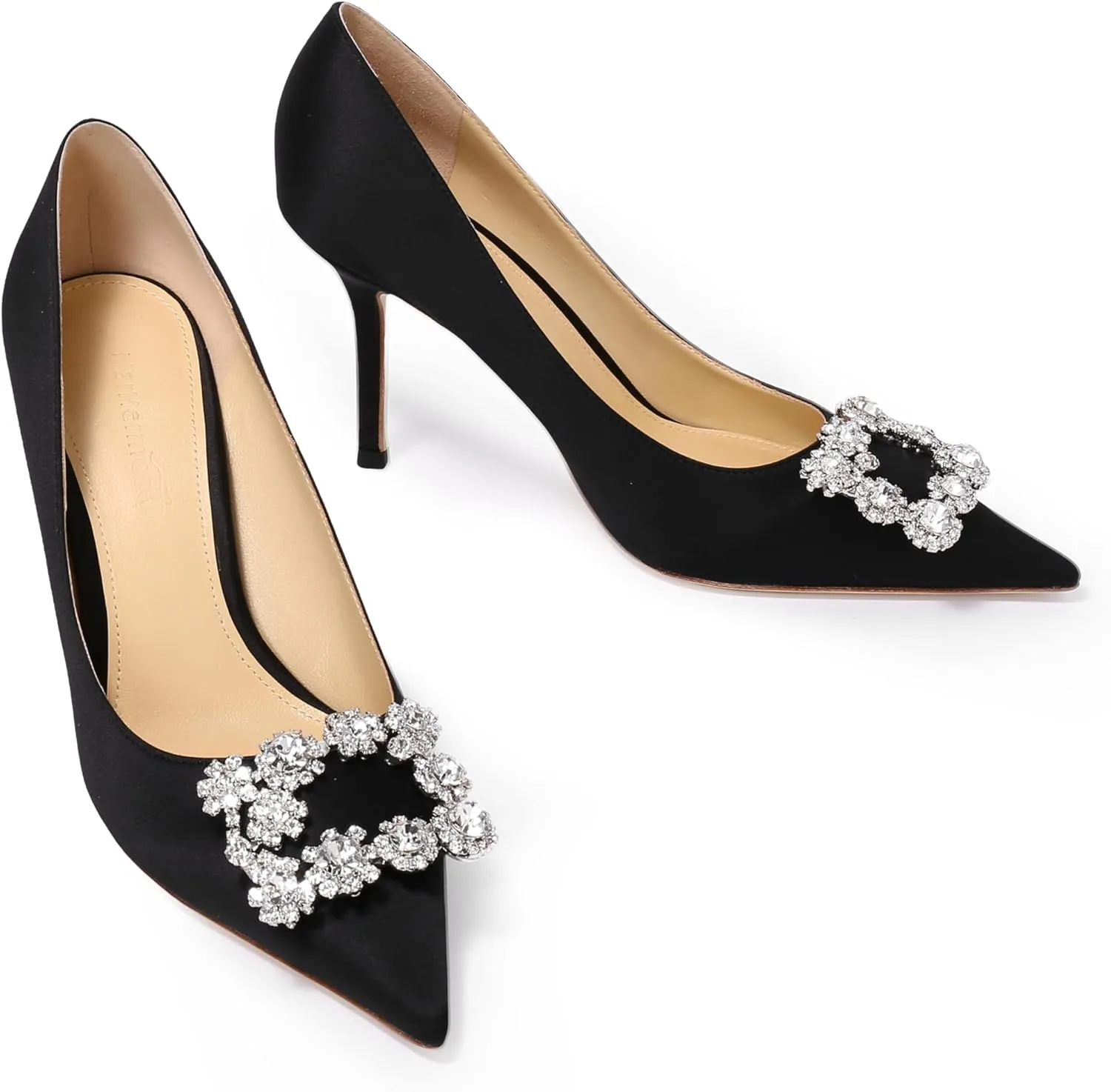 Women's Pumps Slip on Shoes Sexy Closed Toe Wedding Shoes for Bride Stiletto Rhinestone Heels Genuine Leather for Sock Liner and Sole