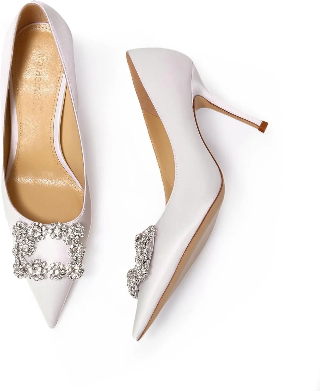 Women's Pumps Slip on Shoes Sexy Closed Toe Wedding Shoes for Bride Stiletto Rhinestone Heels Genuine Leather for Sock Liner and Sole