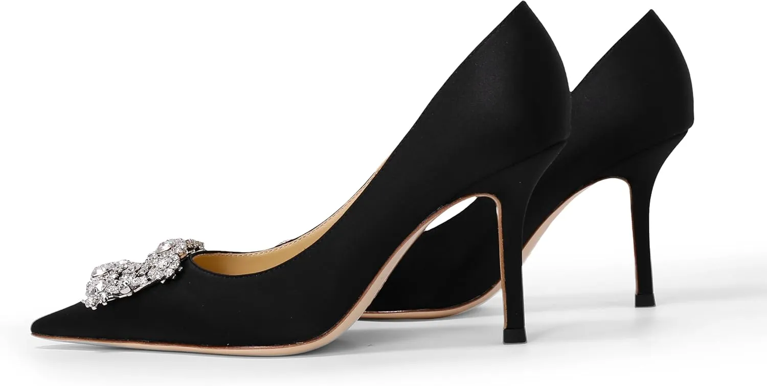 Women's Pumps Slip on Shoes Sexy Closed Toe Wedding Shoes for Bride Stiletto Rhinestone Heels Genuine Leather for Sock Liner and Sole