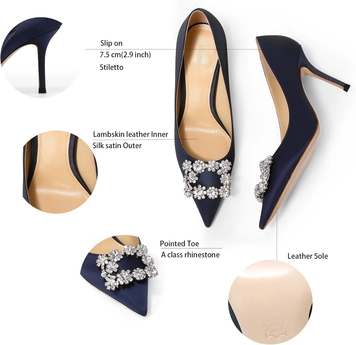 Women's Pumps Slip on Shoes Sexy Closed Toe Wedding Shoes for Bride Stiletto Rhinestone Heels Genuine Leather for Sock Liner and Sole