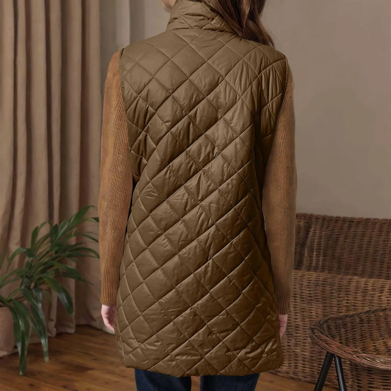 Women's Quilted Long Vest Basic Solid Color Lightweight Padded Gilet Petite Sleeveless Warm Coat Outerwear 2024