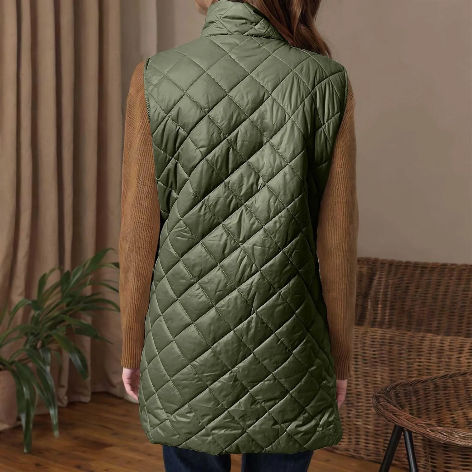 Women's Quilted Long Vest Basic Solid Color Lightweight Padded Gilet Petite Sleeveless Warm Coat Outerwear 2024