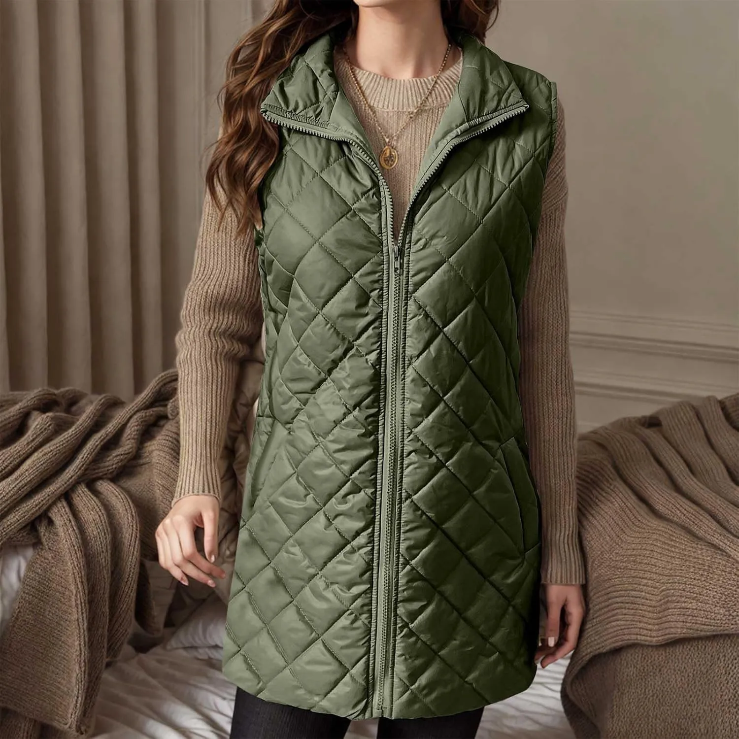 Women's Quilted Long Vest Basic Solid Color Lightweight Padded Gilet Petite Sleeveless Warm Coat Outerwear 2024