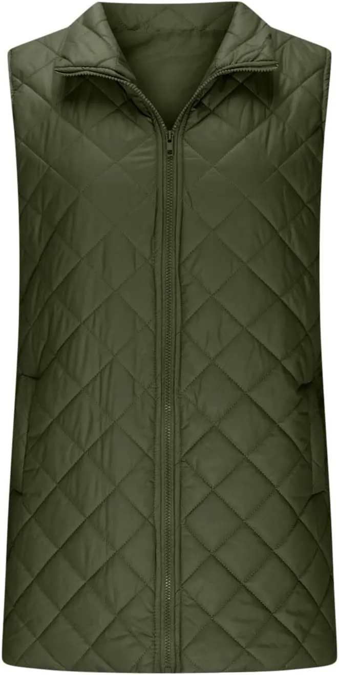 Women's Quilted Long Vest Basic Solid Color Lightweight Padded Gilet Petite Sleeveless Warm Coat Outerwear 2024