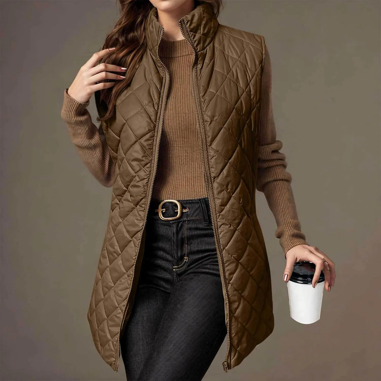 Women's Quilted Long Vest Basic Solid Color Lightweight Padded Gilet Petite Sleeveless Warm Coat Outerwear 2024