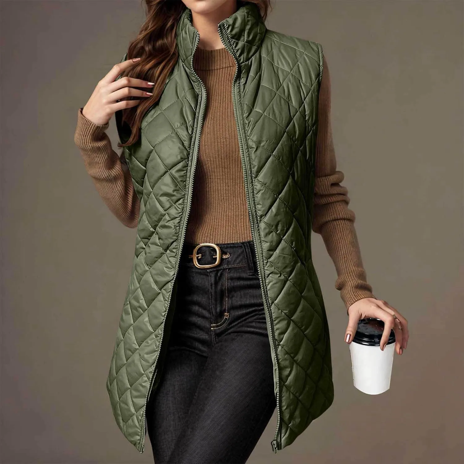 Women's Quilted Long Vest Basic Solid Color Lightweight Padded Gilet Petite Sleeveless Warm Coat Outerwear 2024