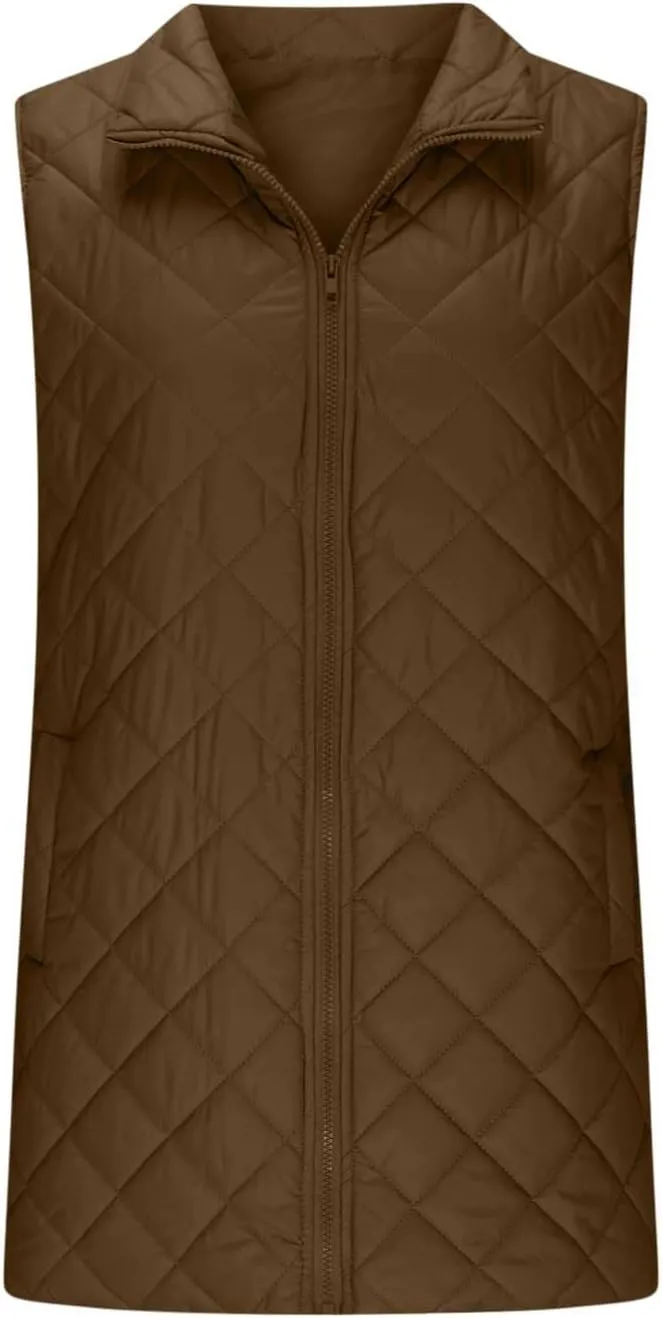 Women's Quilted Long Vest Basic Solid Color Lightweight Padded Gilet Petite Sleeveless Warm Coat Outerwear 2024