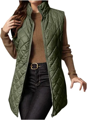 Women's Quilted Long Vest Basic Solid Color Lightweight Padded Gilet Petite Sleeveless Warm Coat Outerwear 2024