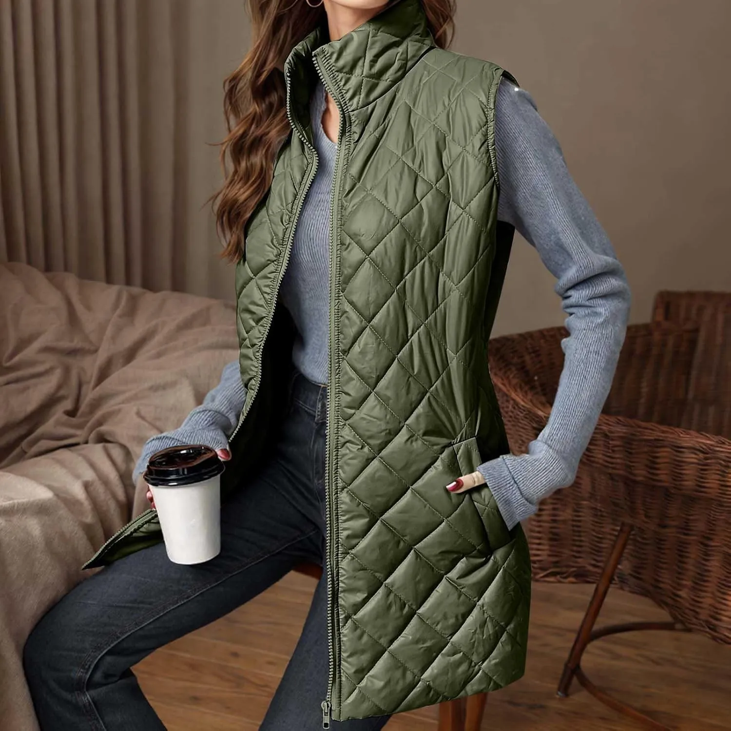 Women's Quilted Long Vest Basic Solid Color Lightweight Padded Gilet Petite Sleeveless Warm Coat Outerwear 2024