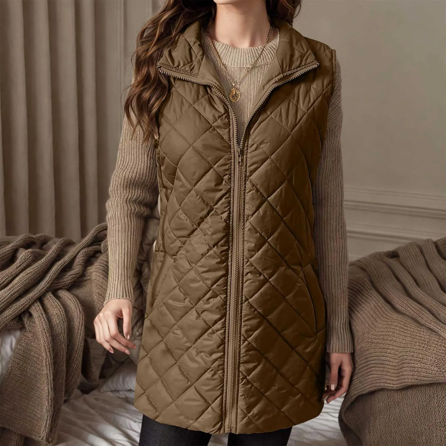 Women's Quilted Long Vest Basic Solid Color Lightweight Padded Gilet Petite Sleeveless Warm Coat Outerwear 2024