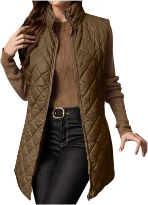 Women's Quilted Long Vest Basic Solid Color Lightweight Padded Gilet Petite Sleeveless Warm Coat Outerwear 2024