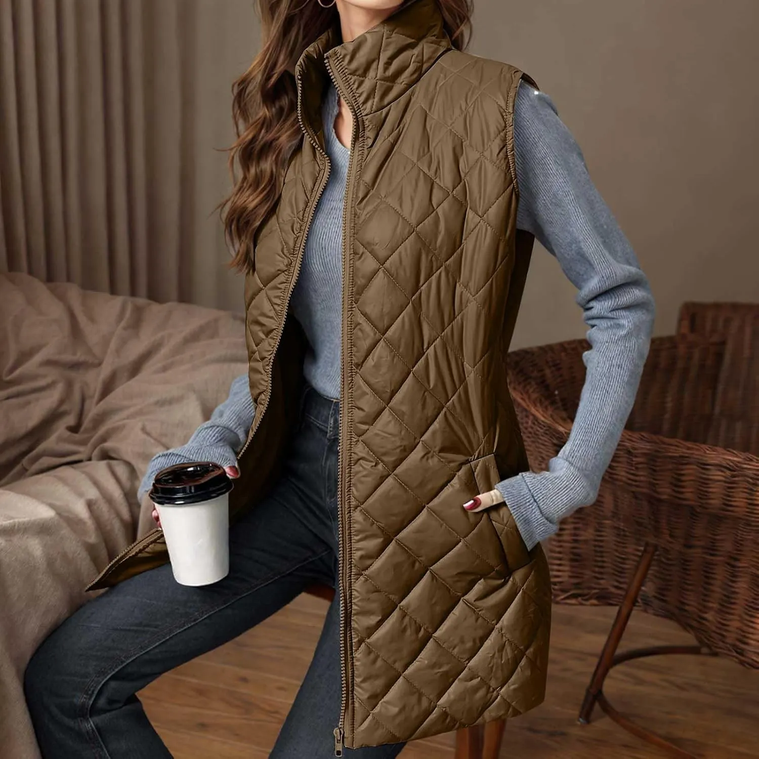 Women's Quilted Long Vest Basic Solid Color Lightweight Padded Gilet Petite Sleeveless Warm Coat Outerwear 2024