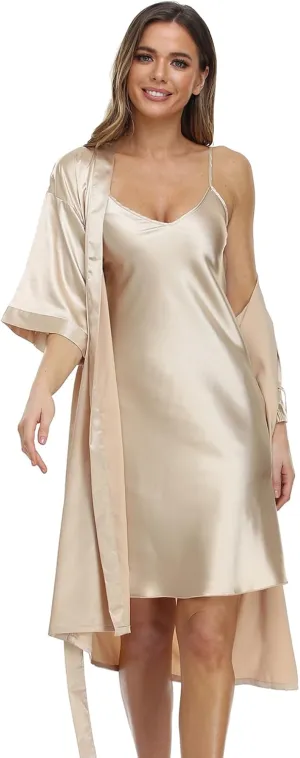 Women's Satin Nightgown with Robes Set 2 Piece Sleepwear Sexy Slip Gown Pajamas Set Silky Cami Nightwear