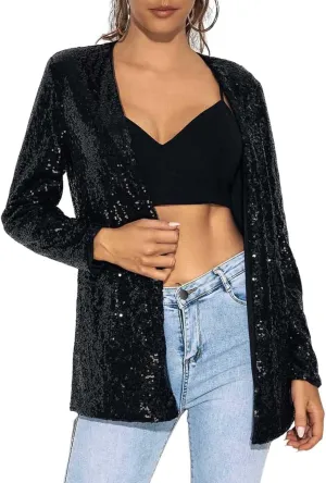 Women's Sequin Jackets Shiny Open Front Blazer Jacket Long Sleeve Jacket Sparkly Nightclub Party Cardigan Coat