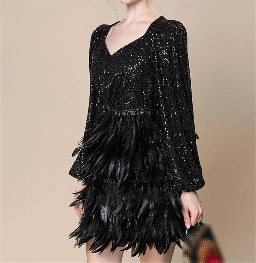Women's Sexy Sequin Party Mini Dress Long Sleeve Cascading Feather Sparkly Dresses
