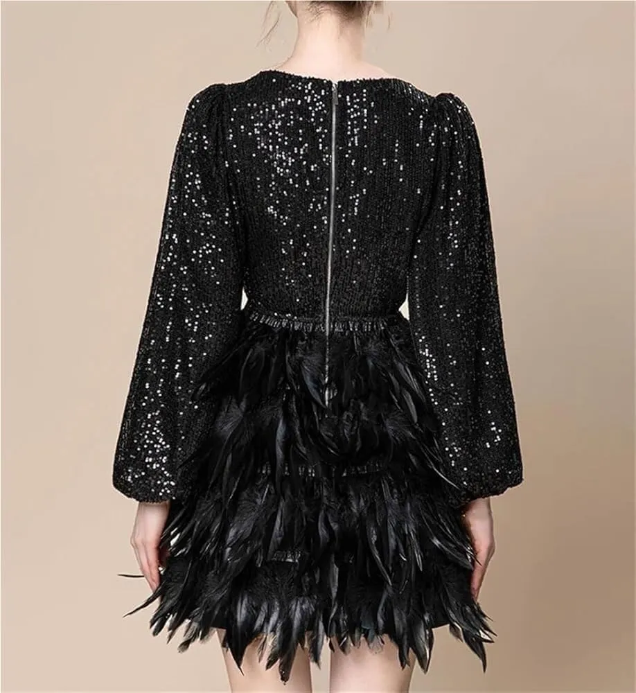 Women's Sexy Sequin Party Mini Dress Long Sleeve Cascading Feather Sparkly Dresses