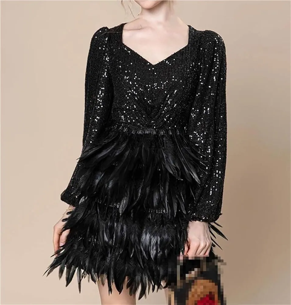 Women's Sexy Sequin Party Mini Dress Long Sleeve Cascading Feather Sparkly Dresses