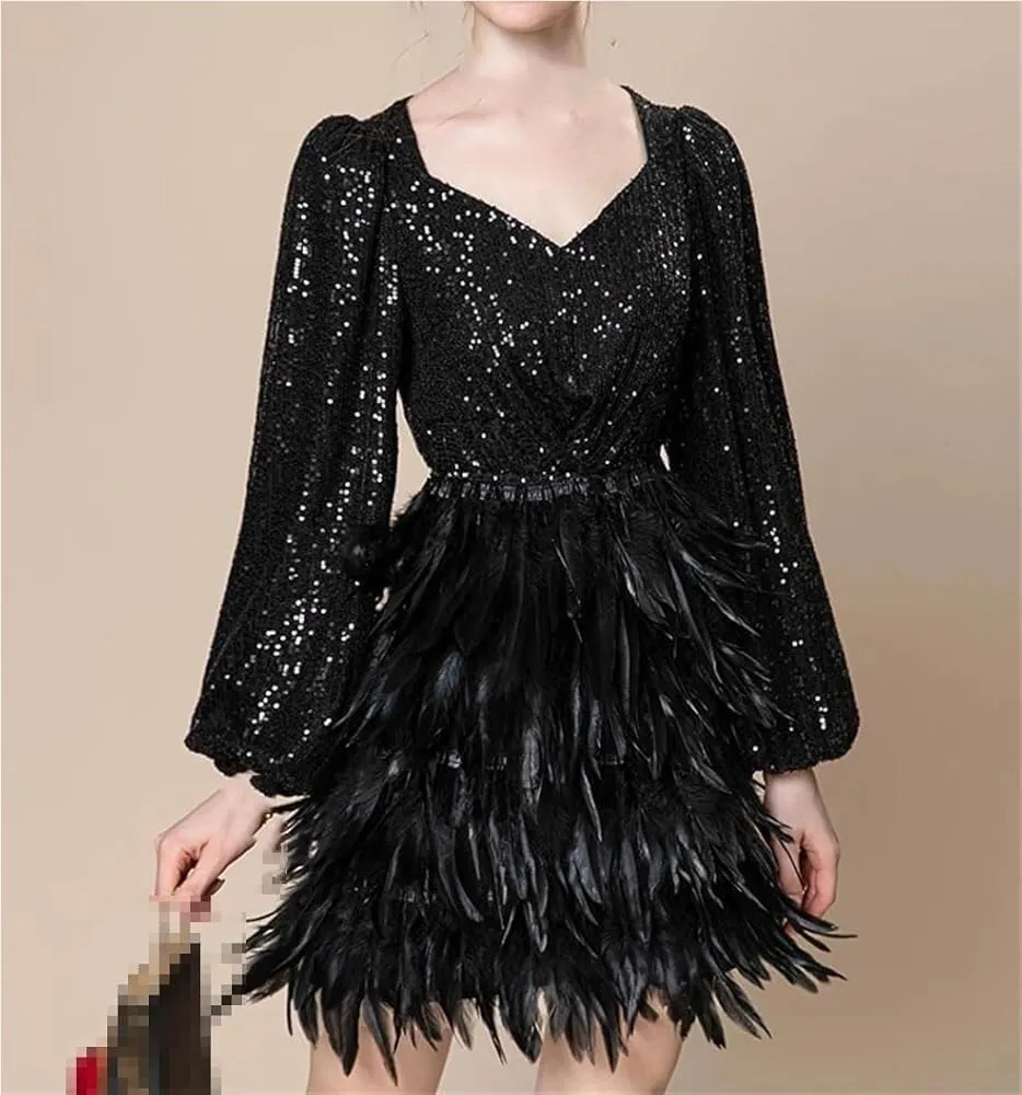Women's Sexy Sequin Party Mini Dress Long Sleeve Cascading Feather Sparkly Dresses