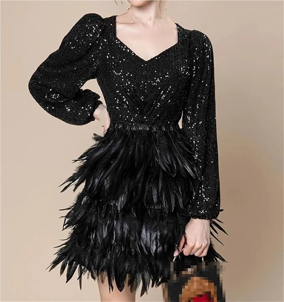 Women's Sexy Sequin Party Mini Dress Long Sleeve Cascading Feather Sparkly Dresses