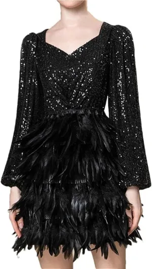 Women's Sexy Sequin Party Mini Dress Long Sleeve Cascading Feather Sparkly Dresses