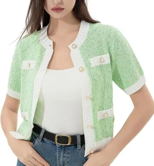 Womens Short Sleeve Cardigans Tops Summer Button Up Work Cropped Sweater Shirts 2025