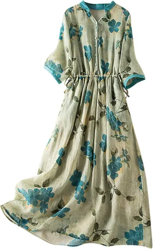 Womens Short Sleeve Lightweight Midi Dresses Cute Flower Graphic Print Sundress Tie Front Cotton Linen Dresses