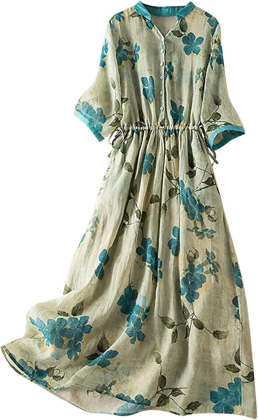 Womens Short Sleeve Lightweight Midi Dresses Cute Flower Graphic Print Sundress Tie Front Cotton Linen Dresses