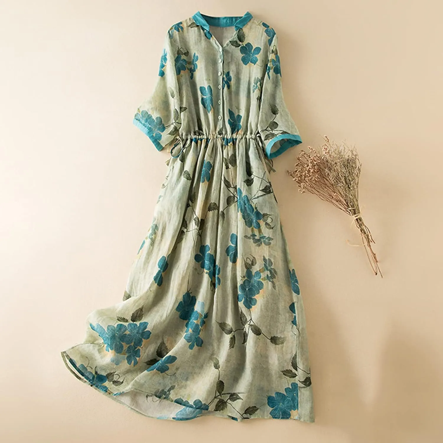 Womens Short Sleeve Lightweight Midi Dresses Cute Flower Graphic Print Sundress Tie Front Cotton Linen Dresses