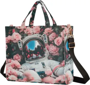Women's Shoulder Handbags Astronaut Flowers Print, Corduroy Tote Bag Large Capacity Small Size