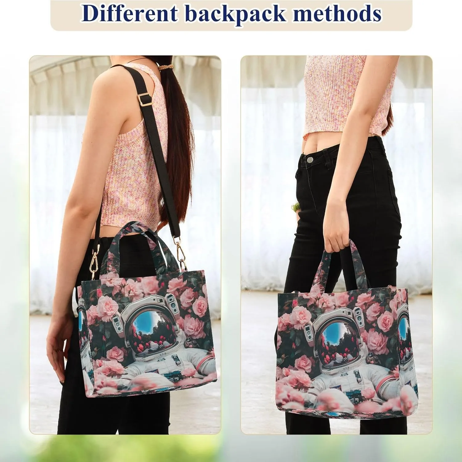 Women's Shoulder Handbags Astronaut Flowers Print, Corduroy Tote Bag Large Capacity Small Size