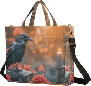 Women's Shoulder Handbags Crow Flower Print, Corduroy Tote Bag Large Capacity Small Size