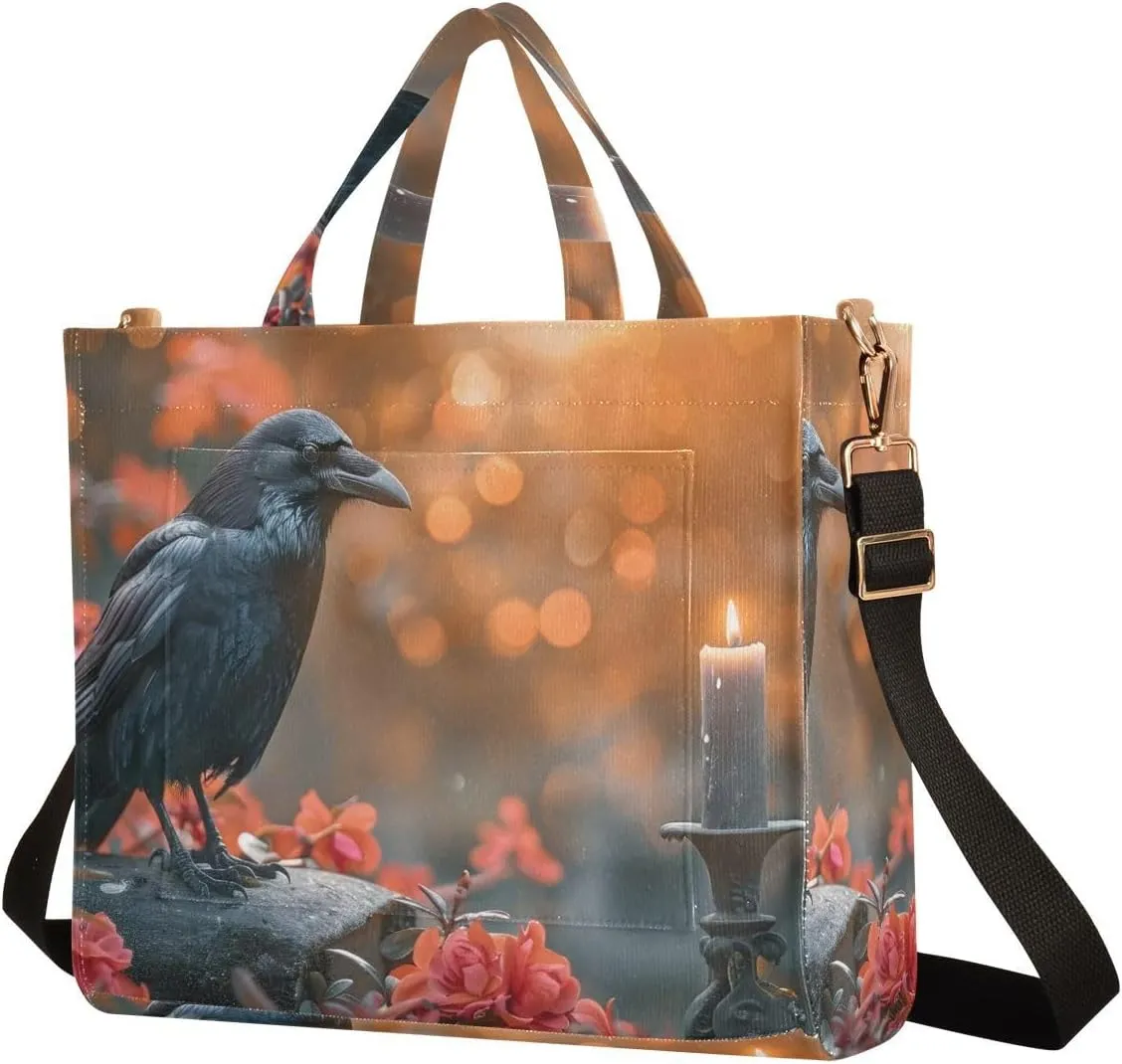 Women's Shoulder Handbags Crow Flower Print, Corduroy Tote Bag Large Capacity Small Size
