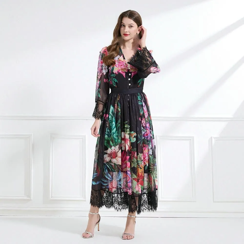 Women's Spring Vacation Style V-Neck Lace Printed Top with Waist-Cinching Long Skirt