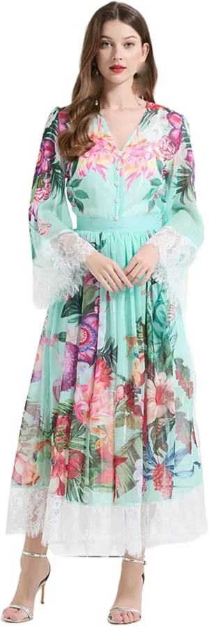 Women's Spring Vacation Style V-Neck Lace Printed Top with Waist-Cinching Long Skirt