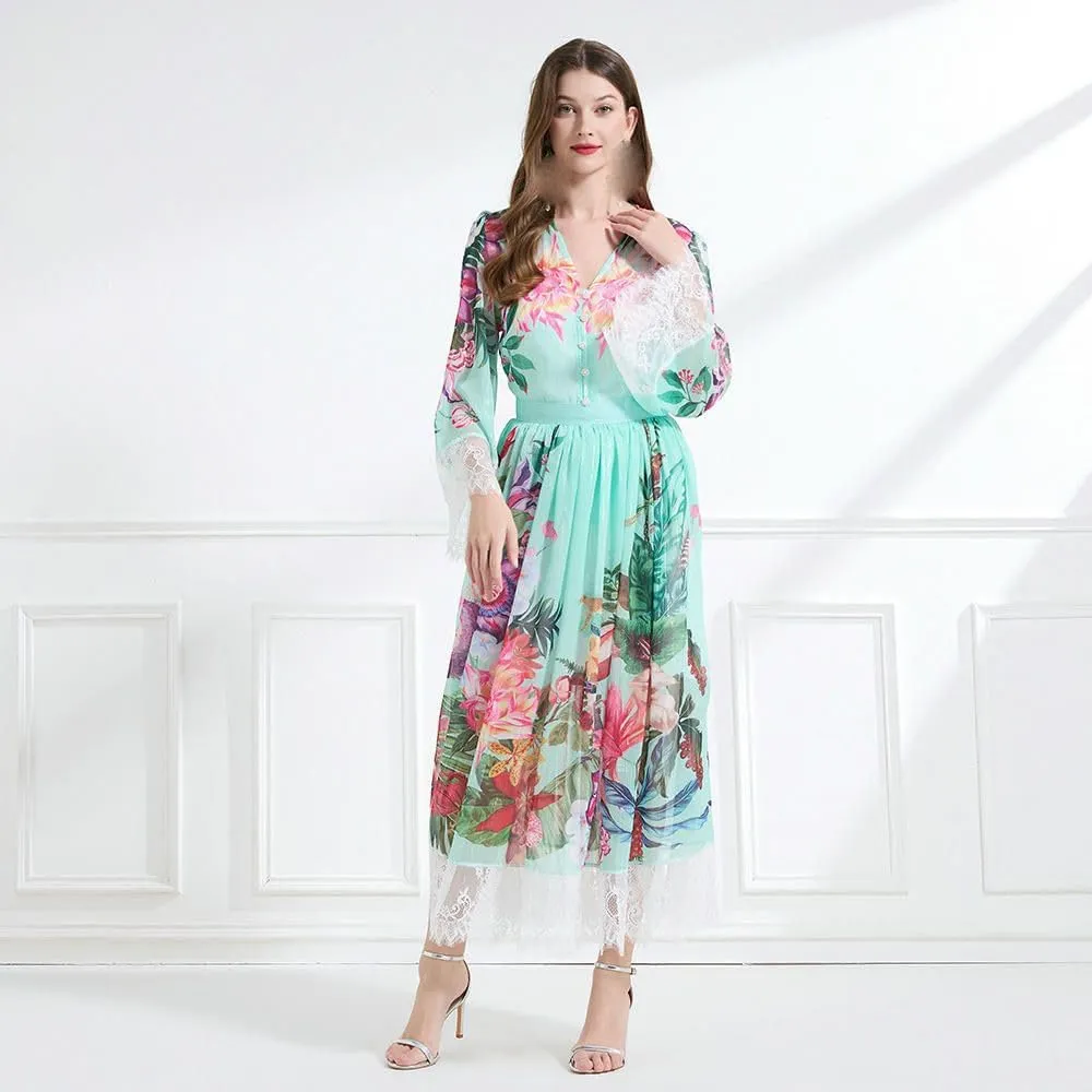 Women's Spring Vacation Style V-Neck Lace Printed Top with Waist-Cinching Long Skirt