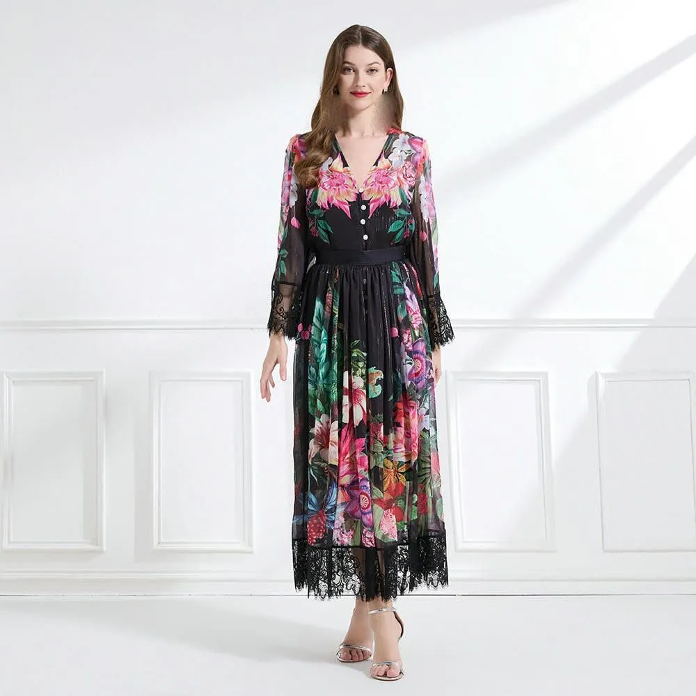 Women's Spring Vacation Style V-Neck Lace Printed Top with Waist-Cinching Long Skirt