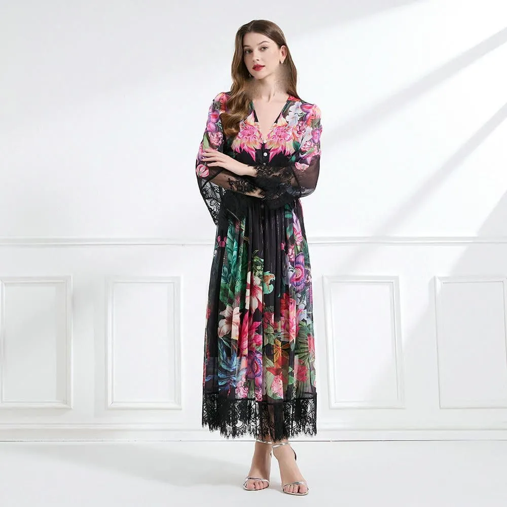 Women's Spring Vacation Style V-Neck Lace Printed Top with Waist-Cinching Long Skirt