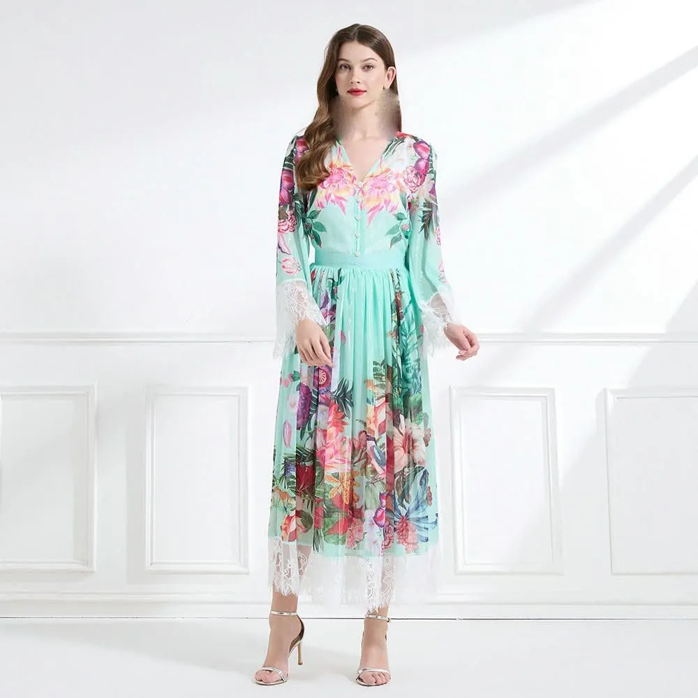 Women's Spring Vacation Style V-Neck Lace Printed Top with Waist-Cinching Long Skirt