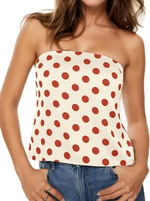 Womens Strapless Polka Dot Satin Tube Tops Cute Backless Going Out Bandeau Top Y2k Off Shoulder Shirts Silk Tank Tops