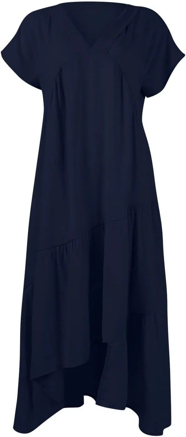 Women's Summer Bohemian and Floor-Length Dress Casual Fashion V-Neck Loose A-Line Short-Sleeved Solid Color Dresses